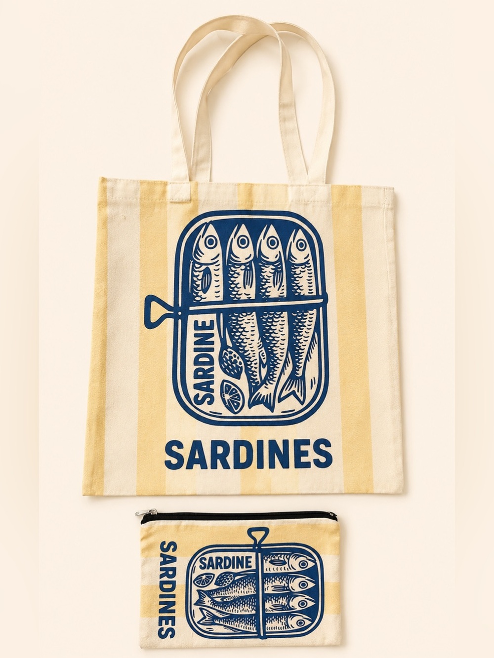 NWT Sardines Canvas Tote Bag + Matching Zip Pouch Set
